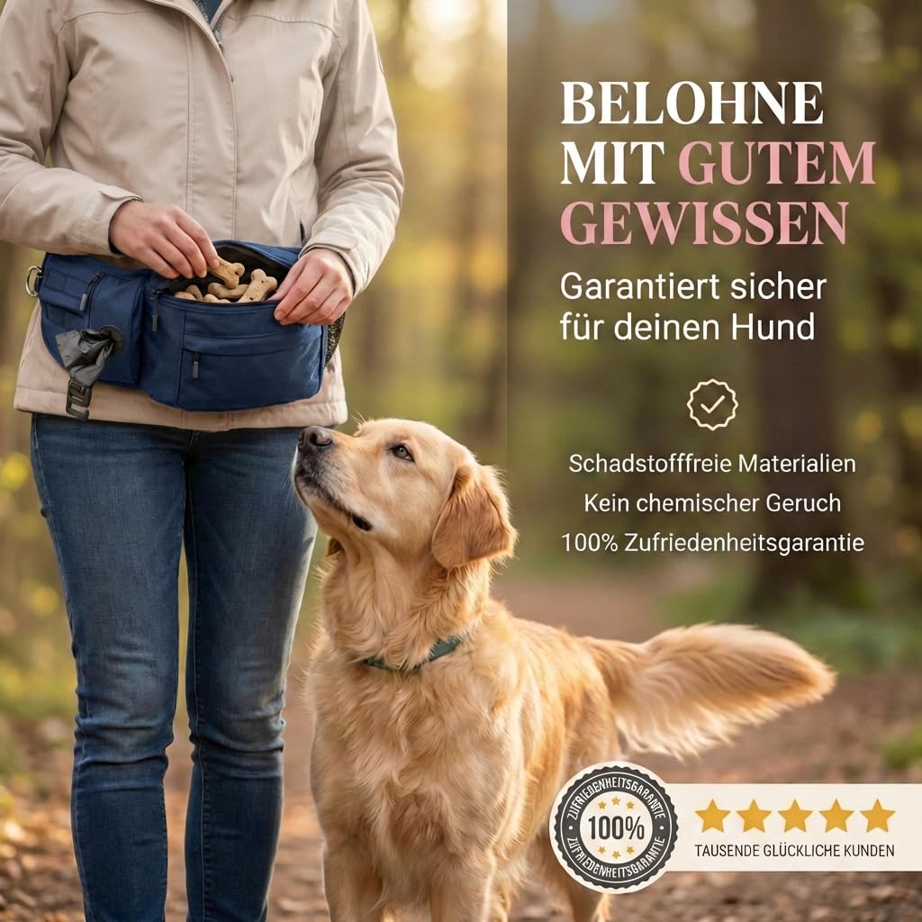 HUND IST KÖNIG Sac à friandises pour chien - Friandises et accessoires pour chien - Sac banane robuste pour chien - Avec distributeur de sacs à déjections canines, compartiment pour téléphone portable
