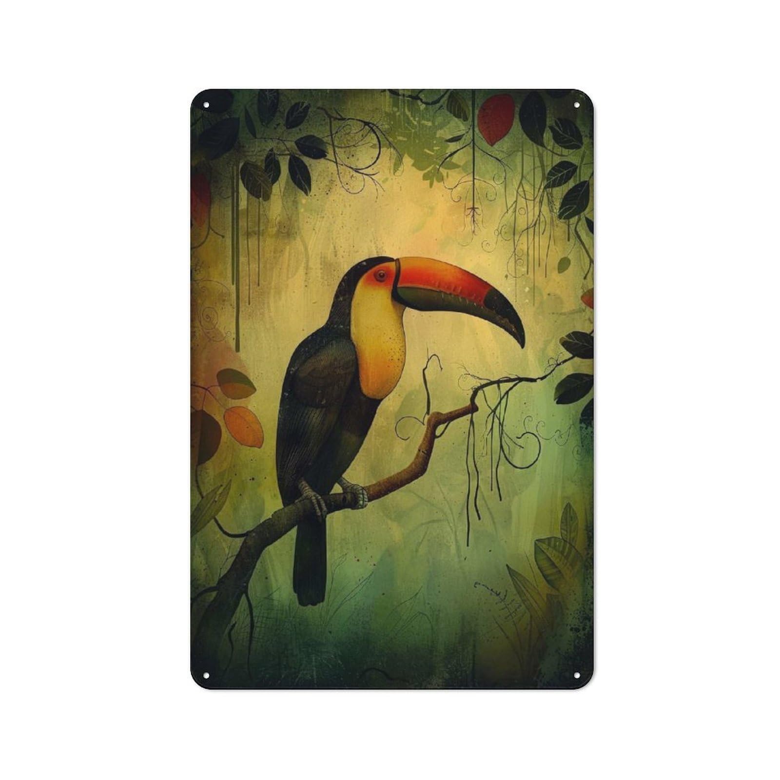 Jungle Toucan Perch Tin Wall Plaque 30x20cm, Rustic Cottage Wall Art for Dining Room, Cafe, Entryway Or Family Room