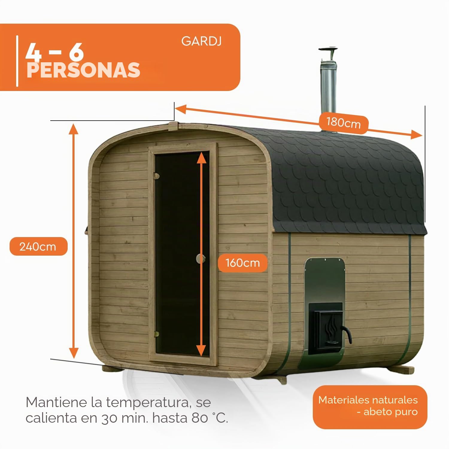 Fasssauna de jardín al aire libre de abeto nórdico – Varias tallas (2–6 personas) – Con estufa de leña o eléctrica a elección – Incluye set de accesorios (180 cm, cuadrada, estufa de leña)