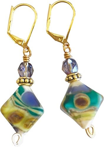 Lavender and Teal Lampwork Earrings, Lavender Teal Lime Green Glass, Artisan Handmade Glass, Diamond Pyramid Beads, Czech Glass, Bohemian.