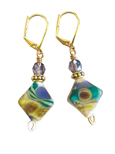 Lavender and Teal Lampwork Earrings, Lavender Teal Lime Green Glass, Artisan Handmade Glass, Diamond Pyramid Beads, Czech Glass, Bohemian.