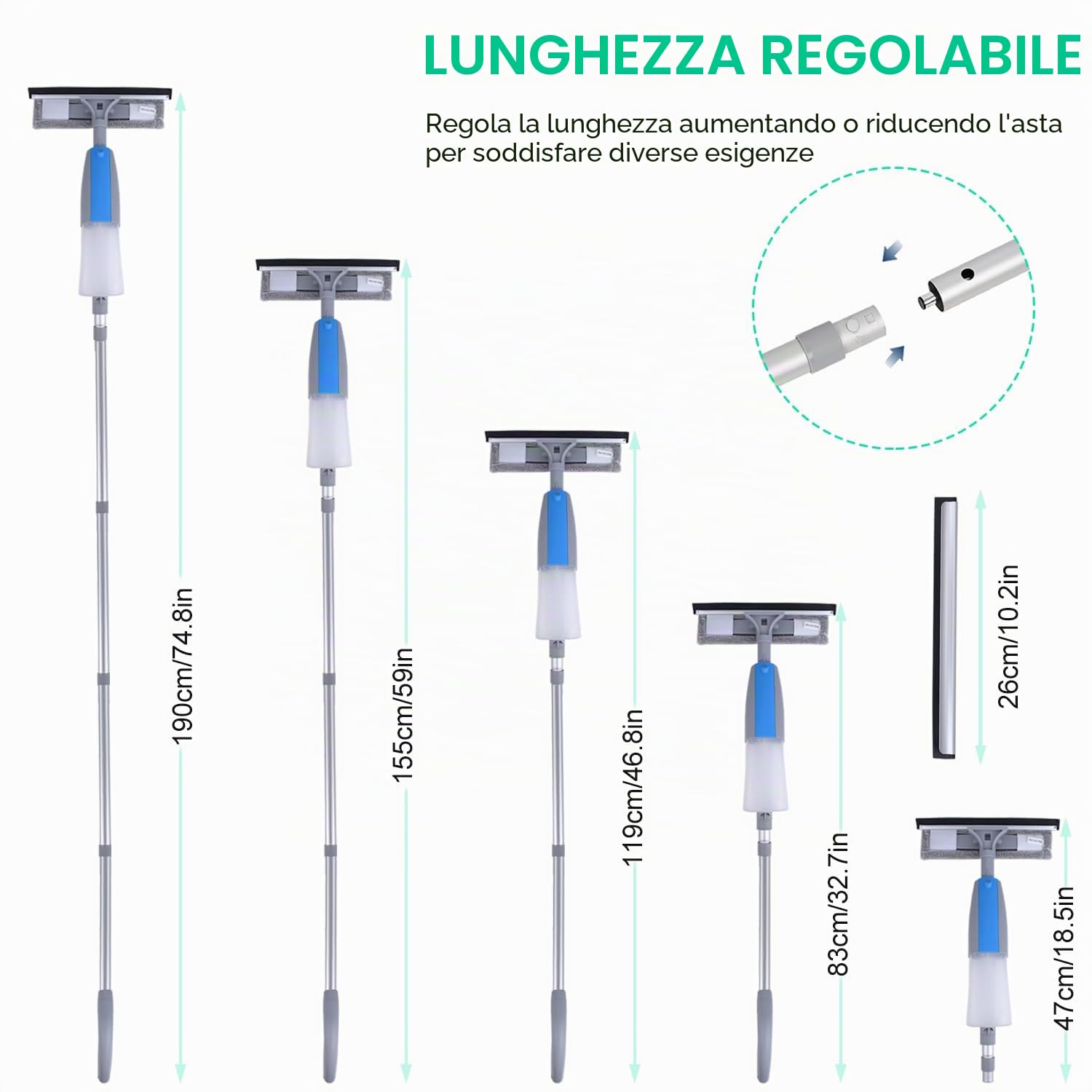 Lavavetri Telescopico 3 in 1, Professionale Lavavetri con Spray, Spazzola Lava Vetri con Manico 190cm per La Pulizia del Vetro Alte in Interni ed Esterni