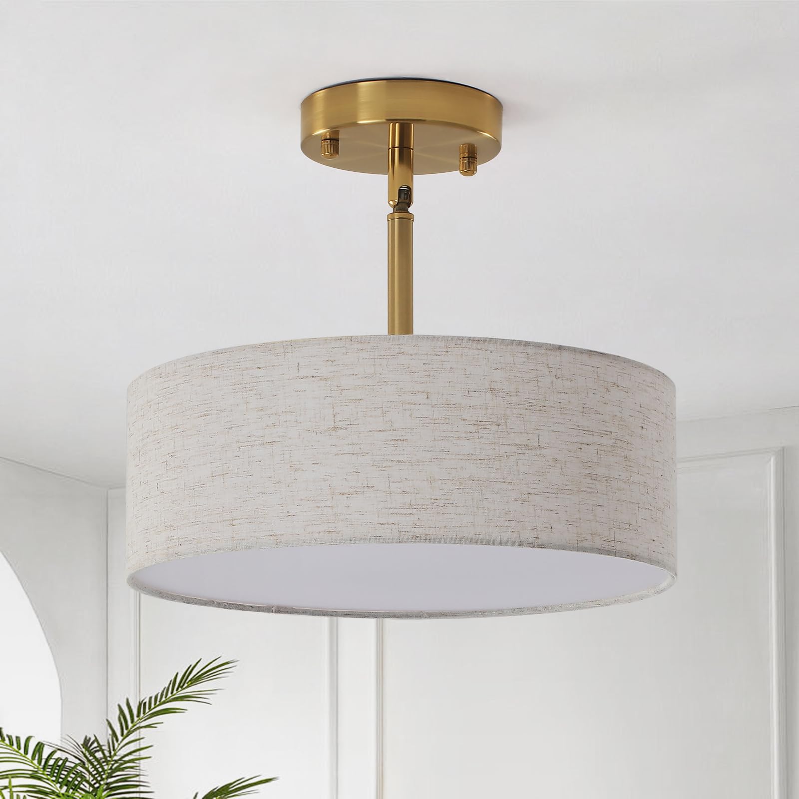 Plafonnier Doré à 3 Lumières, Plafonniers Semi-Encastrés Lustre Doré, Abat-Jours Blancs pour Plafonniers, Lustre en Tissu pour Salon, Chambre à Coucher et Couloir