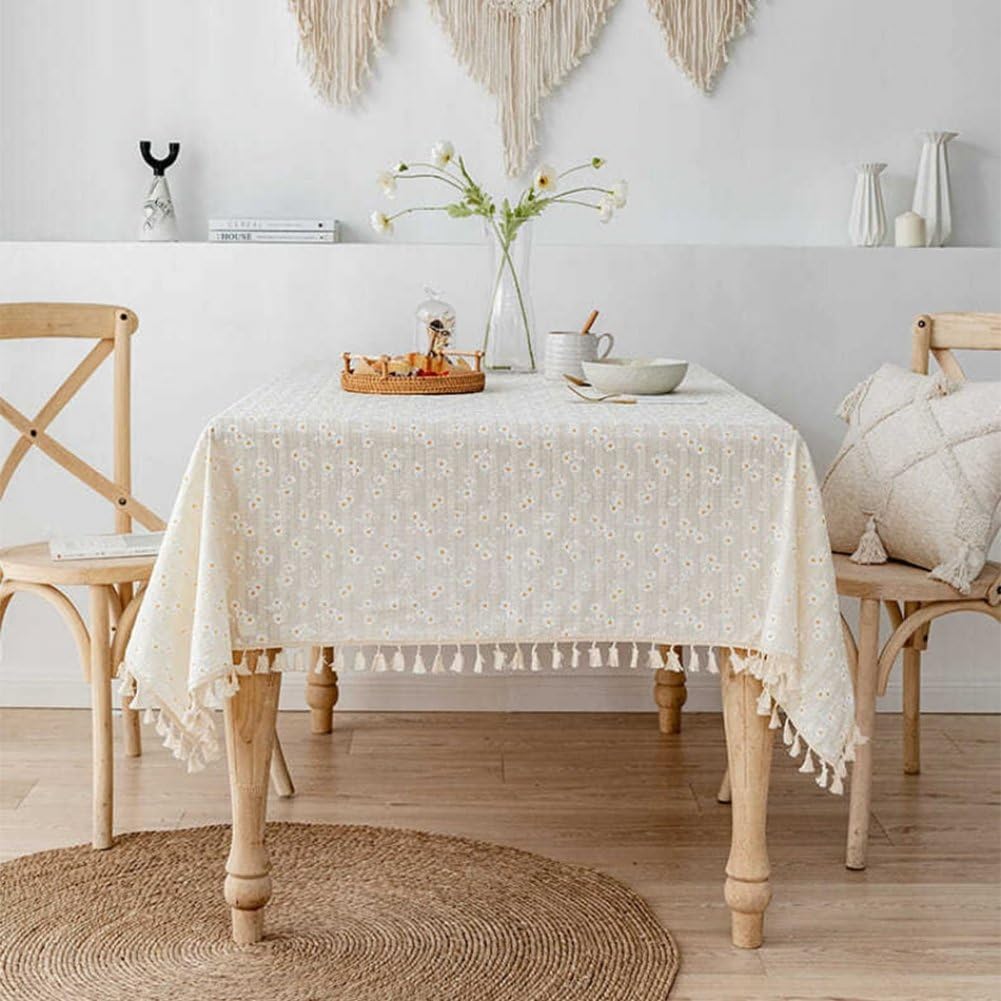 Bawełniany kwiatowy obrus mała stokrotka wzór 140 x 200 cm obrus na stół z frędzlami t do dekoracji kuchni i jadalni herbata parowa stół