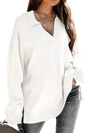 LILLUSORY Women's V Neck Collared Oversized Long Sleeve Knit Pullover Tunic Sweaters Top