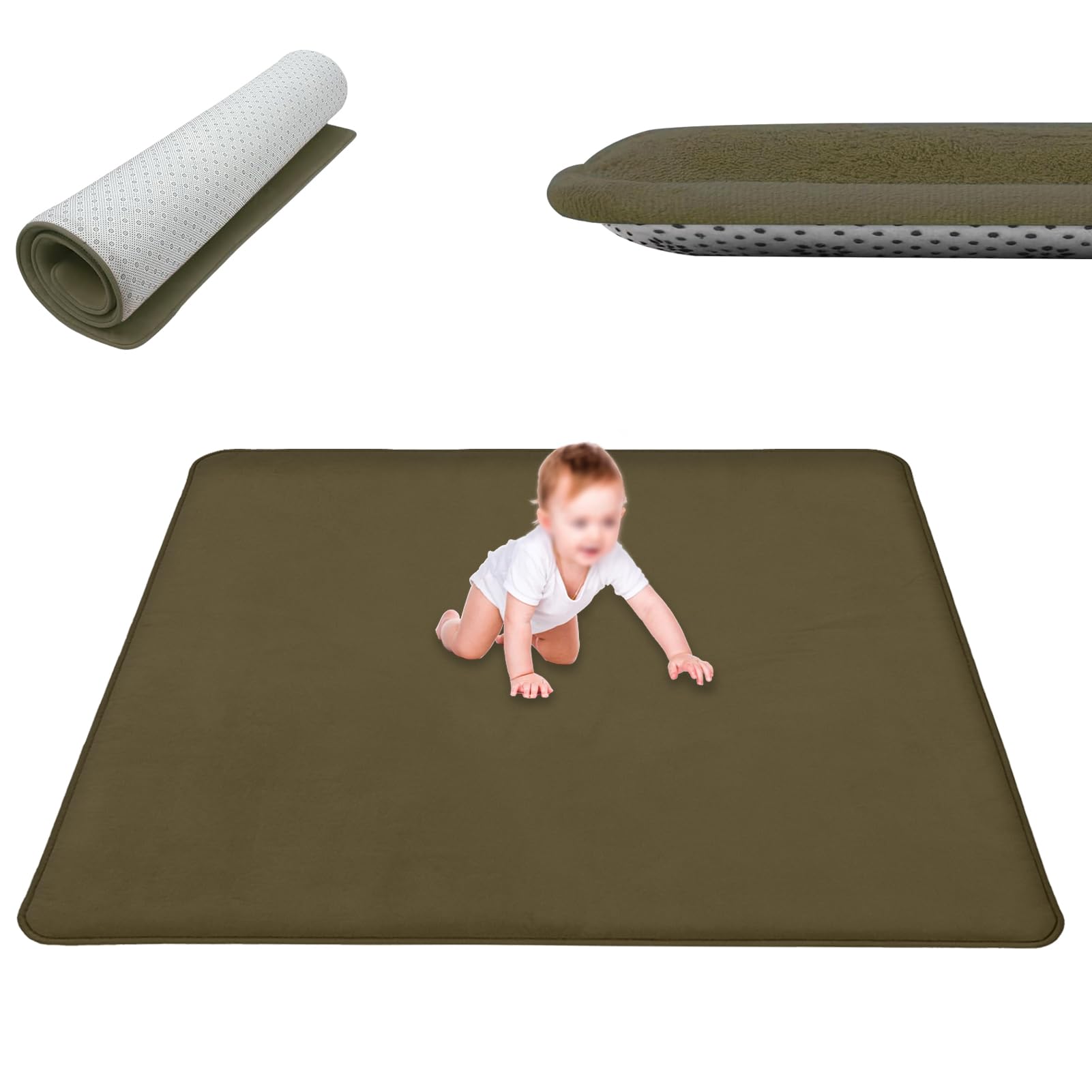 Krabbel- und Spielmatte für Babys, 120 x 250 cm, Korallensamt, 3 cm, Krabbelmatte für Babys, groß, rutschfest, für Kinder, für Wohnzimmer, Schlafzimmer, Yoga, Grün