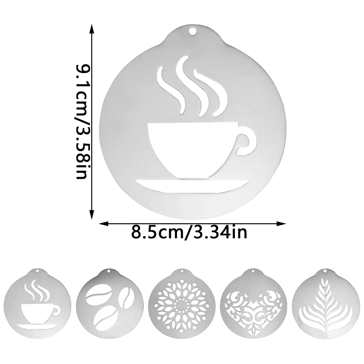 5 x Edelstahl-Schablonen für Kaffee, tragbar, Milchschaum-Spray, Stanzform, Cappuccino, Schokolade, Schablone zum Streuen von Kakao, Schokolade, Zimt, Latte Art