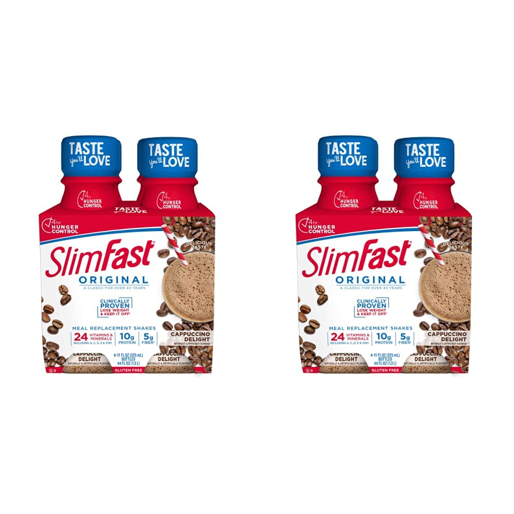 Photo 1 of SlimFast Meal Replacement Shake, Original Cappuccino Delight, 10g of Ready to Drink Protein for Weight Loss, 11 Fl. Oz Bottle, 4 Count (Pack of 2) Cappuccino Delight 4 Count (Pack of 2) Exp 07/17/2024