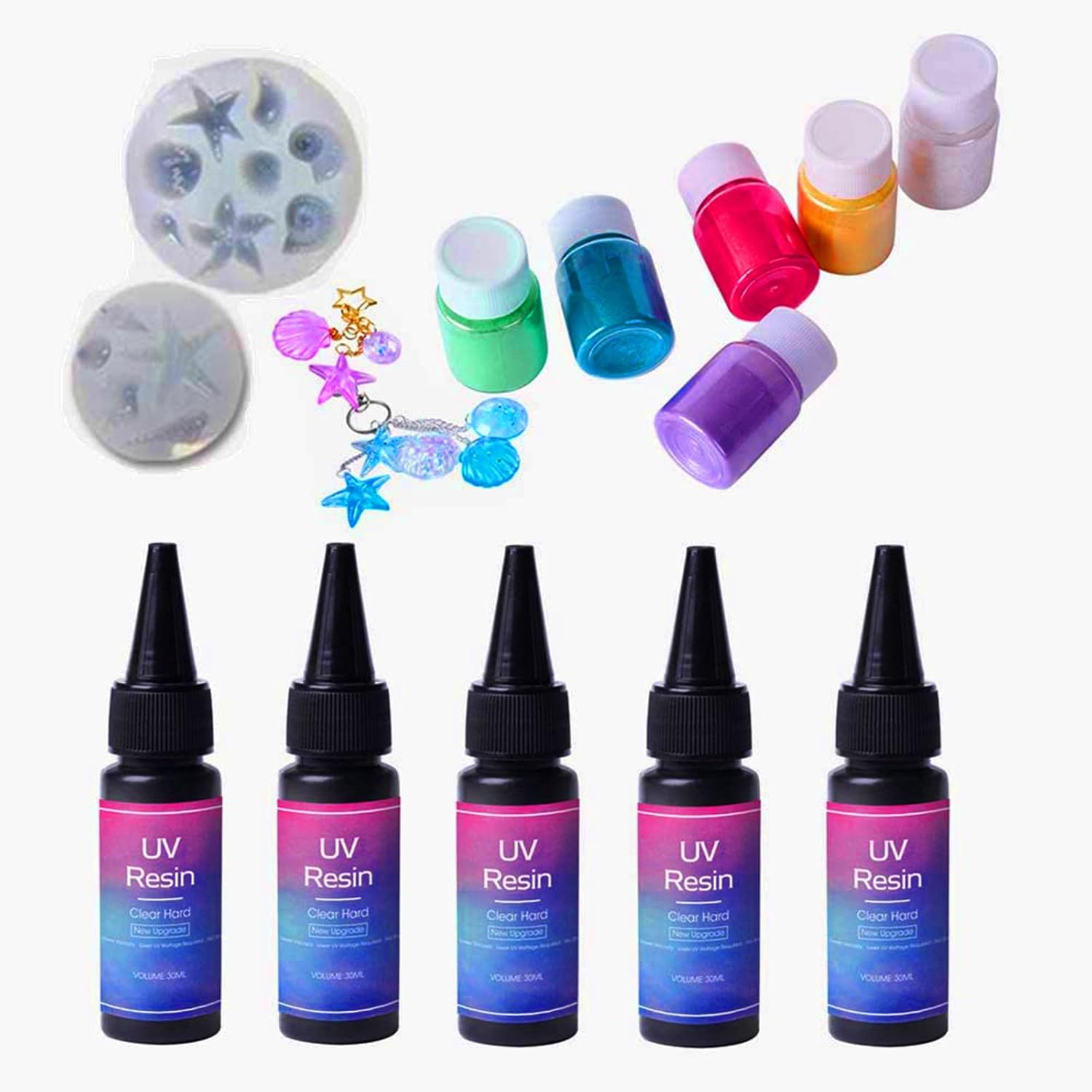 Crystal Clear UV Resin Kit with Lamp & 2 Molds & Pearl Pigment Powder Set for Epoxy Resin Dye for DIY, Resin Jewelry Making, Pendants Earrings Crafts Gifts of Resin, with Tweezer