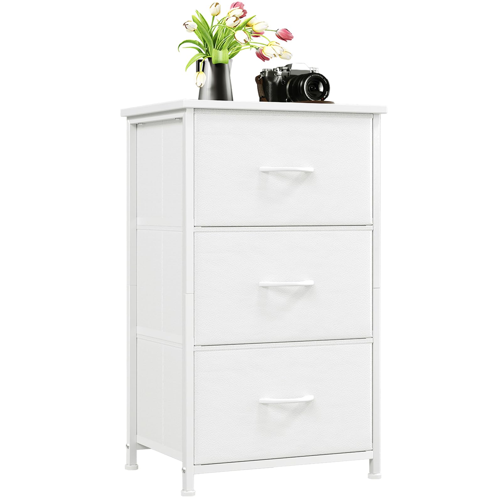 Somdot Small Dresser for Bedroom with 3 Drawers, Storage Chest of Drawers with Removable Fabric Bins for Closet Bedside Nursery Laundry Living Room Entryway Hallway, White Leather-image-4