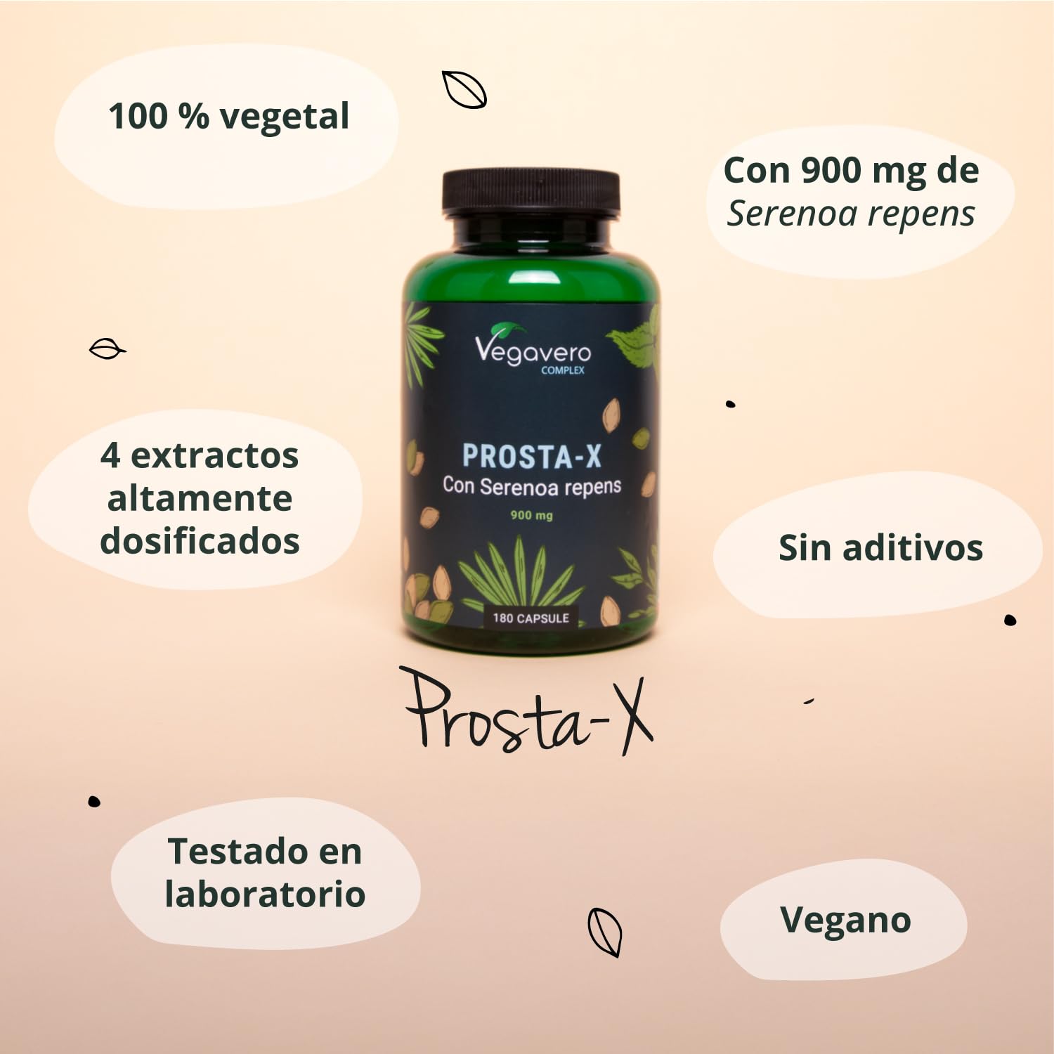 Apoyo Próstata Vegavero | Saw Palmetto 900 mg | Extracto 20:1 | 180 Cápsulas | Con Ortiga Verde, Sauzgatillo, Calabaza | Salud Vías Urinarias | Vegano