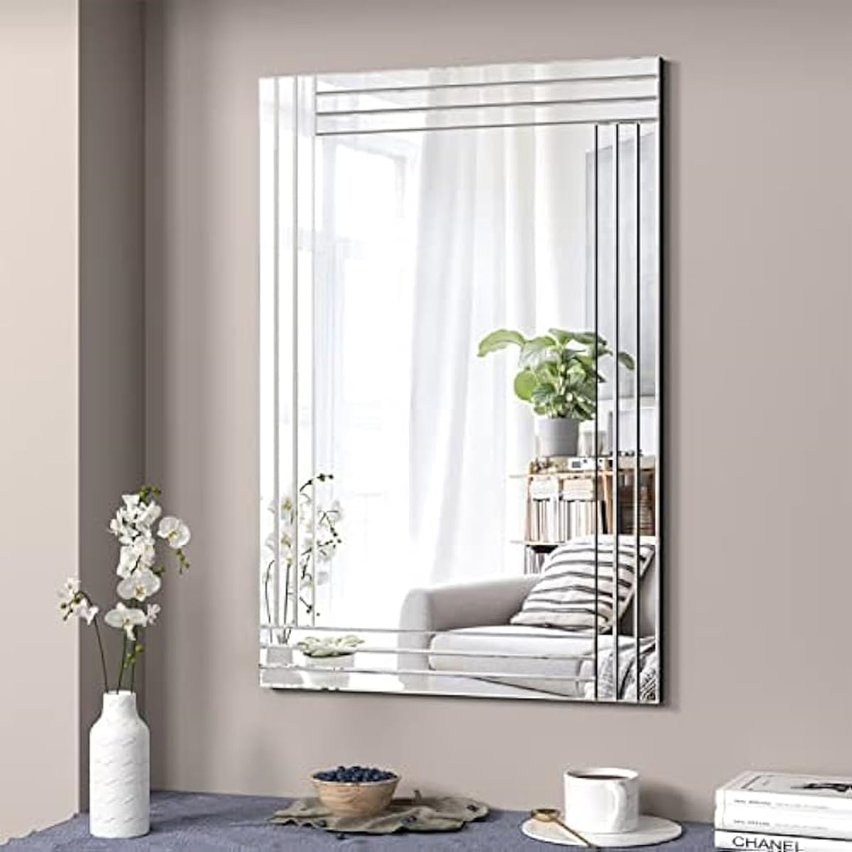 DEENZ Large Wall Mirror Silver Bevelled Triple Strips MDF Back Modern Glass Wall Mirror Home Decor Bedroom Living Room (60x90cm)
