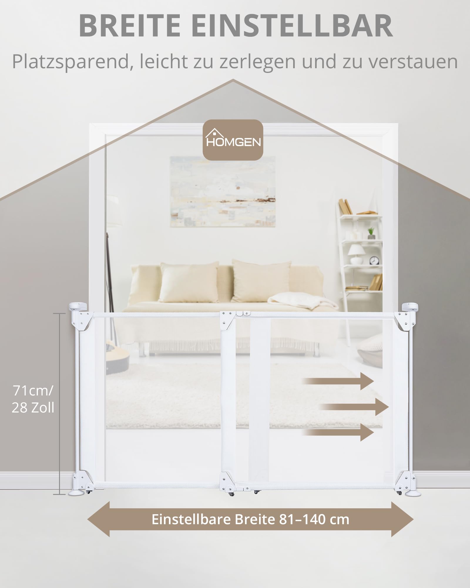 HOMGEN Treppenschutzgitter Babygitter ohne Bodenstange weiß verstellbar 81-140cm für Treppen & Tür für Kleinkinder & Haustiere Innen Außen