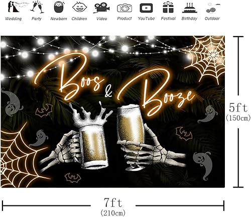 Miniatura 2 de Aperturee Telón de fondo de Halloween de 7 x 5 pies con diseño de abucheos y alcohol, esqueleto de mano, hojas verdes, tema de cerveza, saludos,