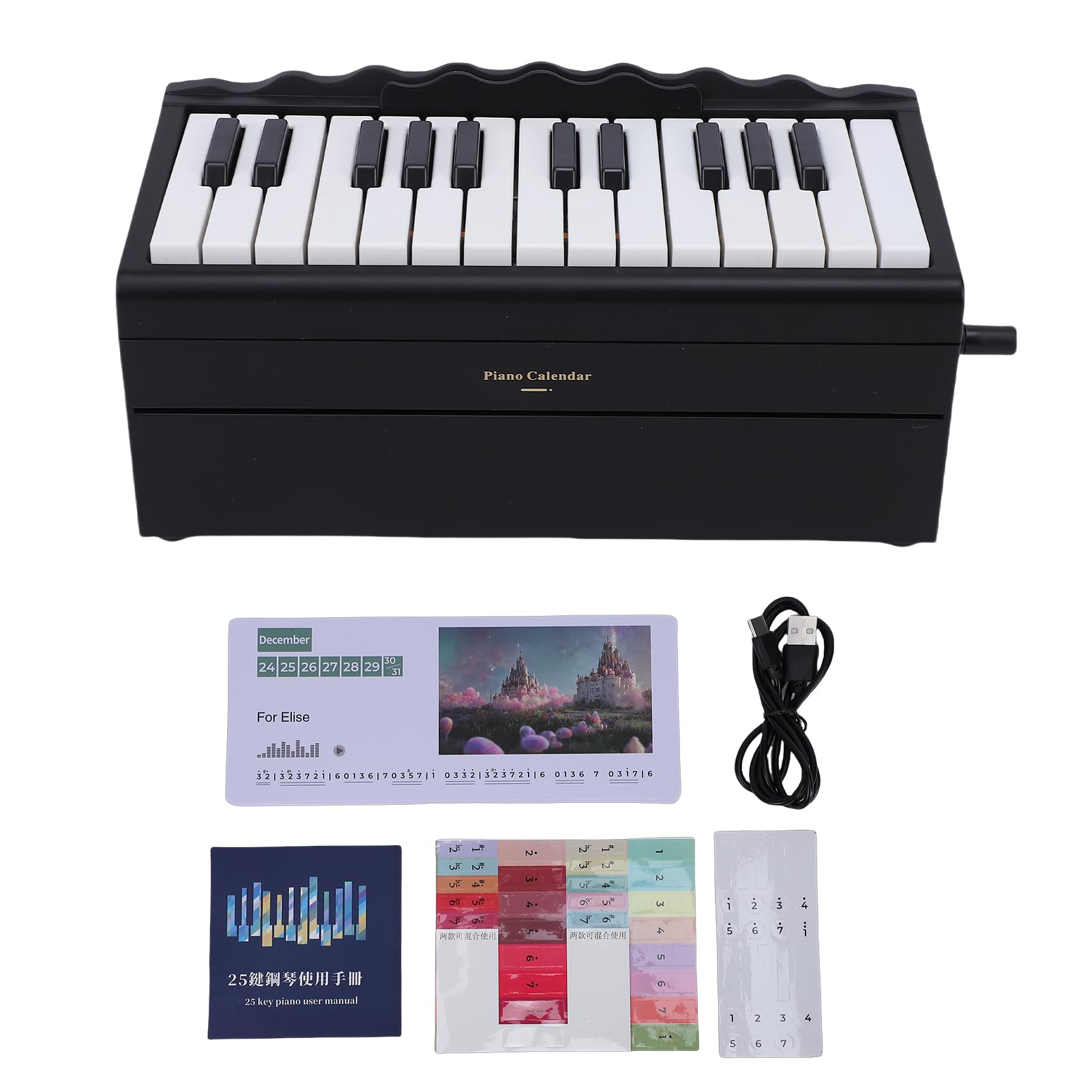 Btuty Calendario de Piano Reproducible BT de 25 Teclas, Teclado Electrónico con 52 Canciones Mundialmente Famosas, 8 Modos Instrumentos, Luces LED, Decoración Escritorio Música (Negra)