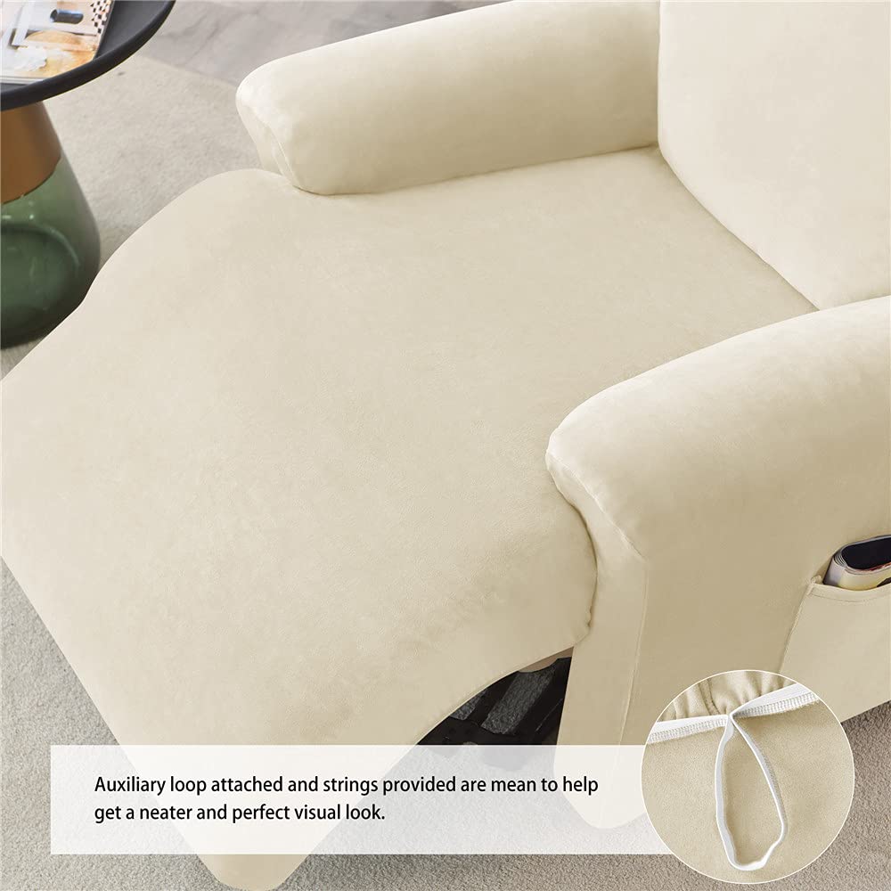 Highdi Housse de Fauteuil Relax Doux Velours Extensible, 4 Pièce Housse de Canapé Antidérapante avec Poche Latérale, Protege de Meubles Lavable pour 1 Places Fauteuil Inclinable (Beige)