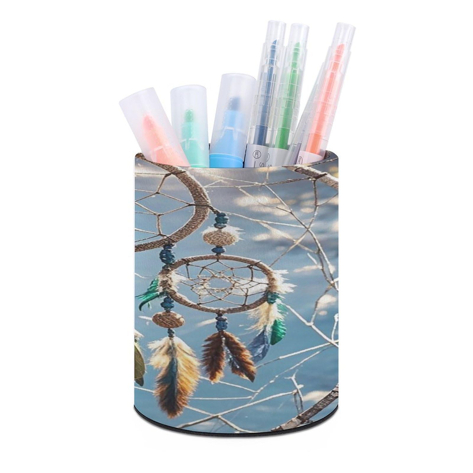 FekiLoot Round Dream Catcher Pen Holder for Desk PU Leather Waterproof Pencil Cup Stand Minimalist Makeup Brush Storage Organizer Desktop Stationery Container Accessorires