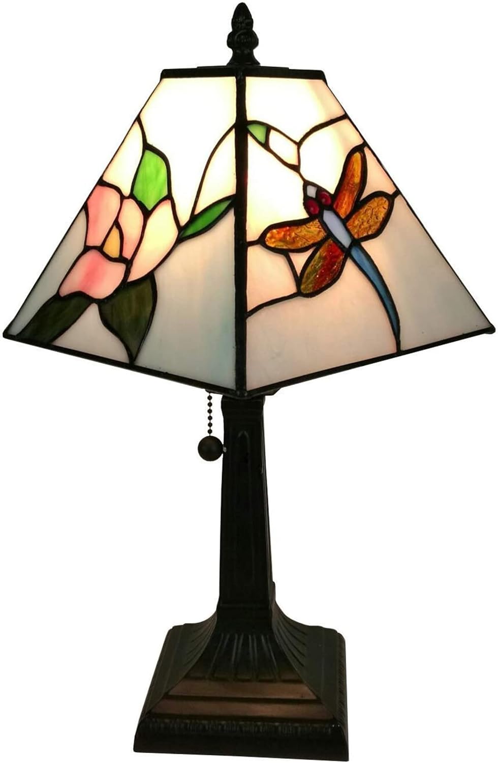 Amora Vintage Tiffany Table Lamp - Minimalistic Dragonfly Table Night Light - White Glass Nightstand Lamp - 15” Tall Stained Glass Lamp