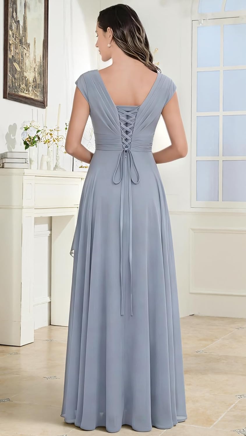 Cap Sleeve Chiffon Mother of The Bride Dresses for Women Lace Appliques Ruffle A Line Long Formal Evening Party Gowns