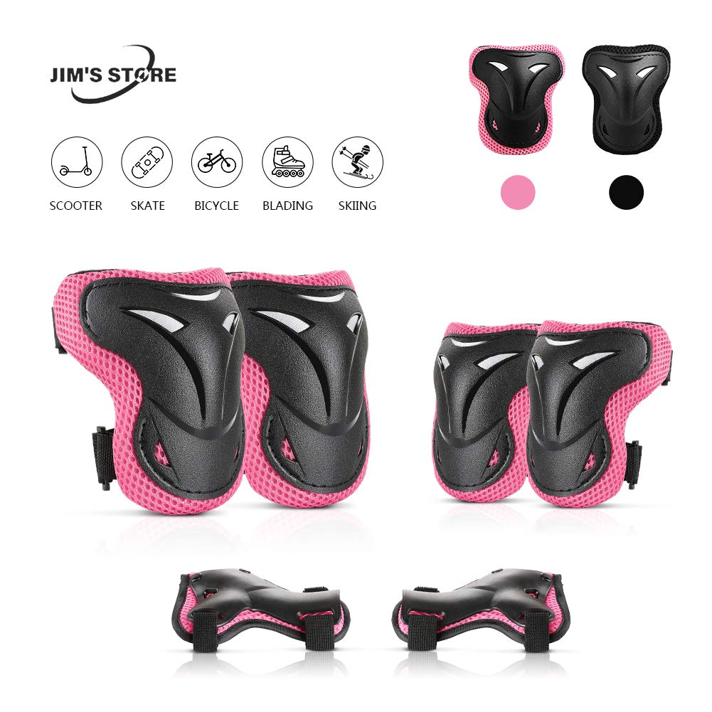JIM'S STORE Kids Skate Pads Set 6pcs Kids Knee Pads Elbow Pads Wrist Pads Age 6-16 Years Teenager Children Pads Set for Scooter Cycling Roller Skating BMX Bike (pink-1)