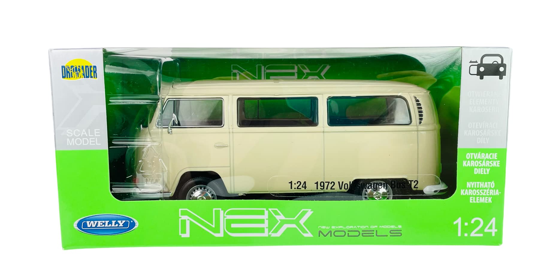 Welly modello auto compatibile con VW Volkswagen T2 crema White Beige Bus Transporter 1967 – 1979 ca 1/24 1:24 metallo modello auto Die Cast nuovo in scatola
