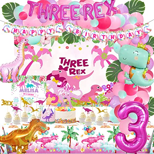139 Pcs Three Rex Birthday Party Decorations Girl, Hombae Dinosaur 3Rd Party Decorations Girl Backdrop Balloon Garland Arch Leaves Banner Tablecloth Cake Cupcake Topper Crown Poster Rex Theme Pink #TOP9