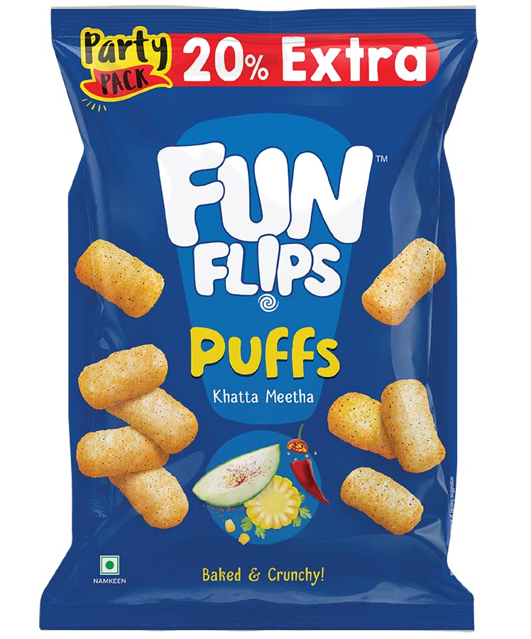 Fun Flips Puffs Khatta Meetha - Baked Crispy Yummy Tasty & Healthy Ready to Eat Snacks (90G/75G Grammage May Vary)