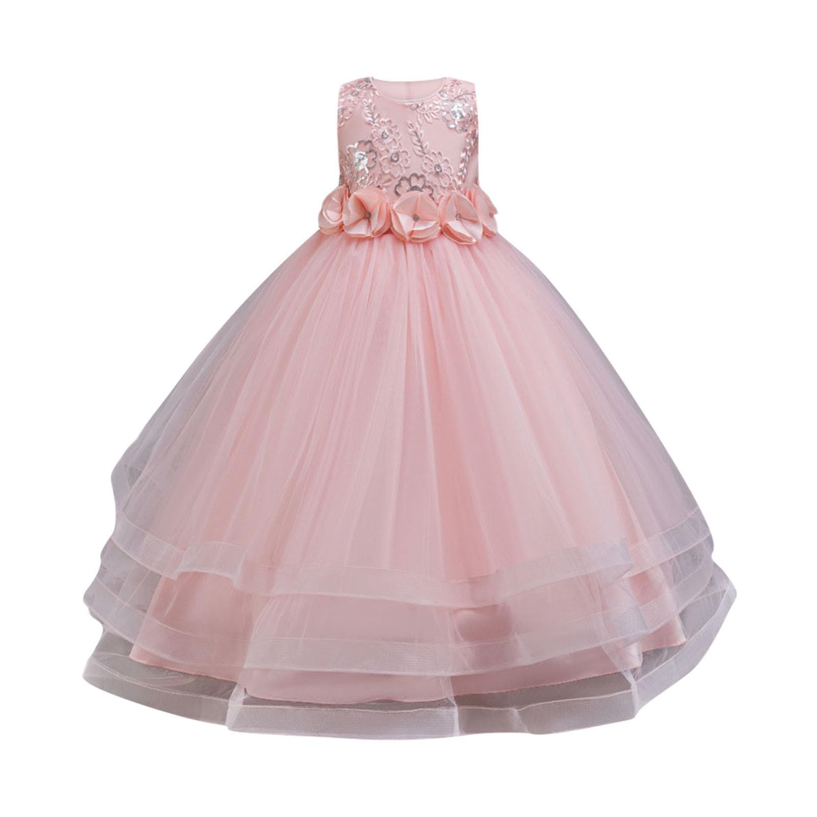 Vestido sin Mangas con Bordado Floral para niñas, Ideal Bodas, Fiestas de cumpleaños, Punto piqué, Cintura elástica y Ligero, Uso Diario, colección Casual # L