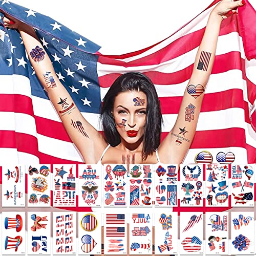 4th of July Temporary Tattoos, 20 Sheets USA Flag Tattoos, American Flag Red White Blue Tattoos Stickers, Independence Day Tattoo Stickers, Memorial Day Decorations, Patriotic Theme Party Decor