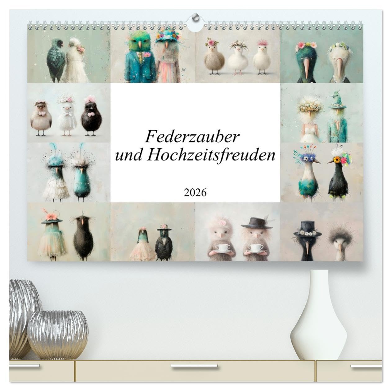 Federzauber und Hochzeitsfreuden (hochwertiger Premium Wandkalender 2026 DIN A2 quer), Kunstdruck in Hochglanz: Eine Vogelhochzeit neu dargestellt (CALVENDO Tiere)