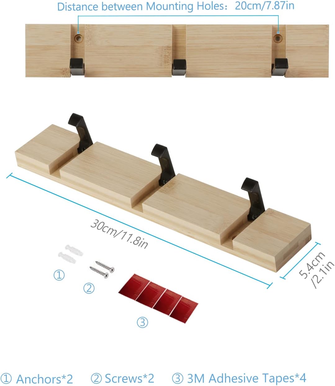 JSVER Coat Rack Wall Mount Wooden Coat Hooks, Coat Hooks Wall Mounted with 3 Standard Retractable Hooks, Space-Saving Coat Rack for Entryway, Hallway, Bathroom, Living Room, Bedroom
