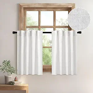 MIULEE White Curtains 36 Inch Length 2 Panels, Soft Thick Linen Textured Semi Sheer Light Filtering Kitchen Window Curtains Over Sink Small Tier for Bathroom Window Back Tab Rod Pocket