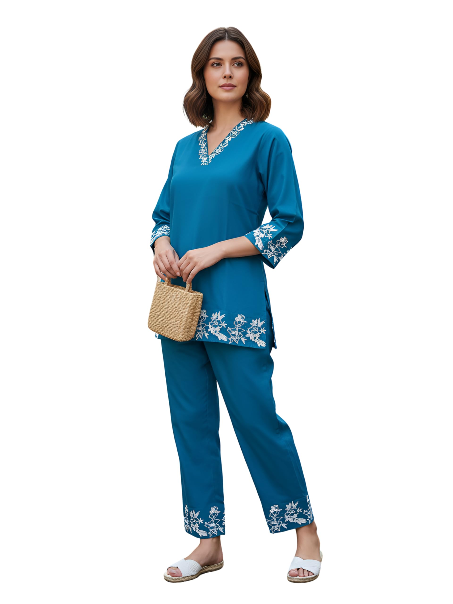 yash gallery Women’s Embroidered Top with 3/4 Sleeves, Straight-Fit Pants & Elegant Floral Detailing |Ethnic Co-Ord Set for Office, Festive Gatherings, Travel, Casual Outings & Comfort Fashion-picture-27