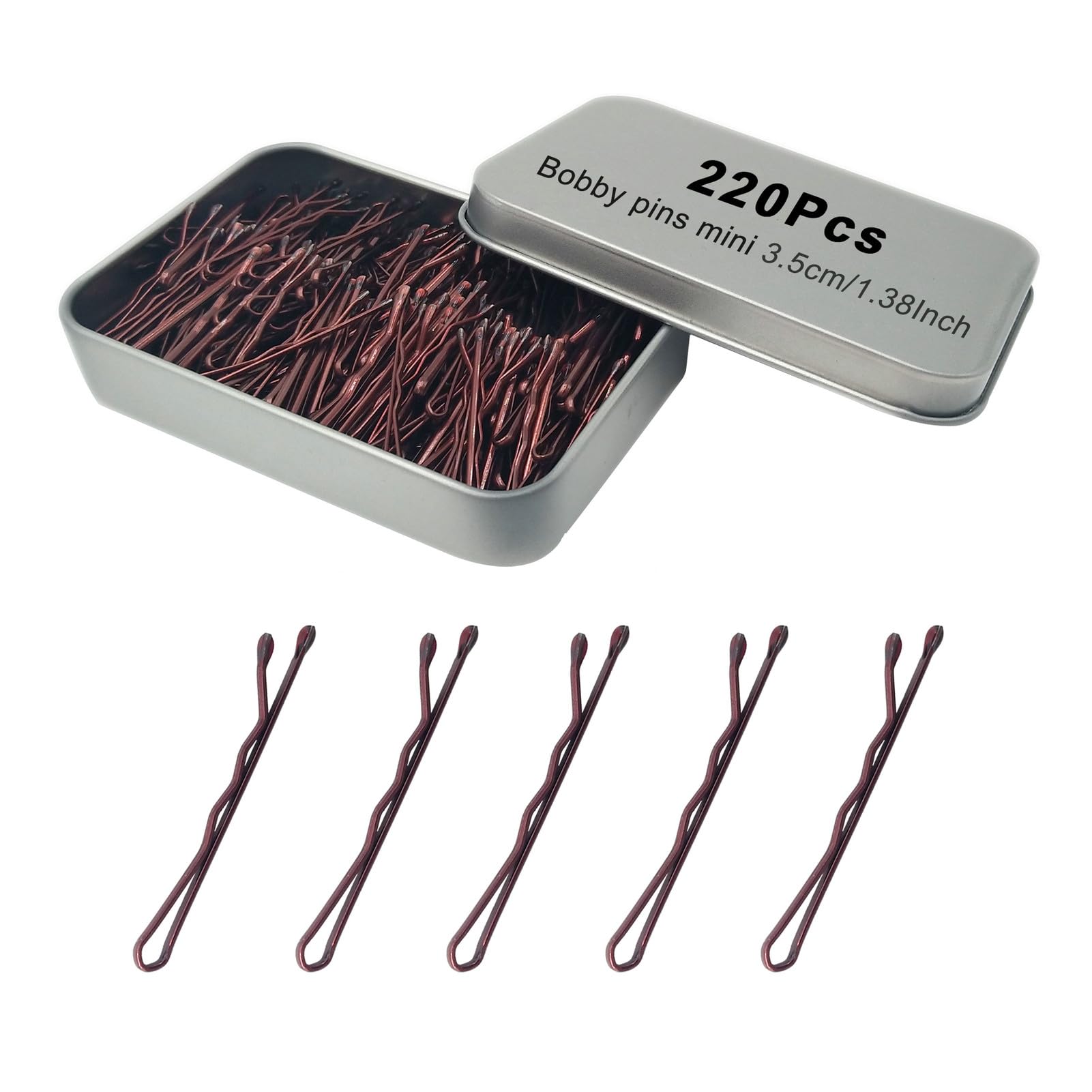 YINGFENG - 220 horquillas pequeñas onduladas de 1.38 pulgadas, color marrón, con caja de almacenamiento para peinados, pinzas de metal para niños, niñas y mujeres, adecuadas para todo tipo de cabello
