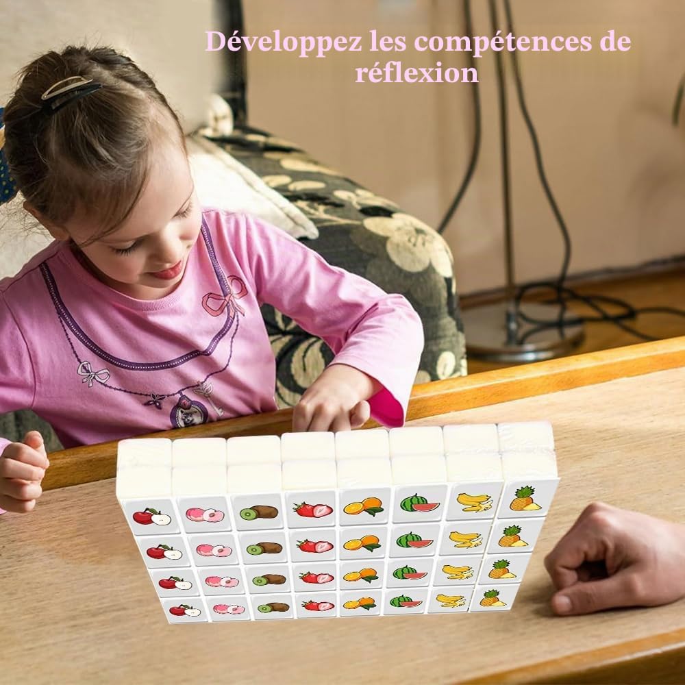Lot de 65 blocs de jeu Seaside Escape Game - 30 mm - Avec autocollants - Motif fruits et animaux - Mahjong - Pour famille, voyage, réunion de fête