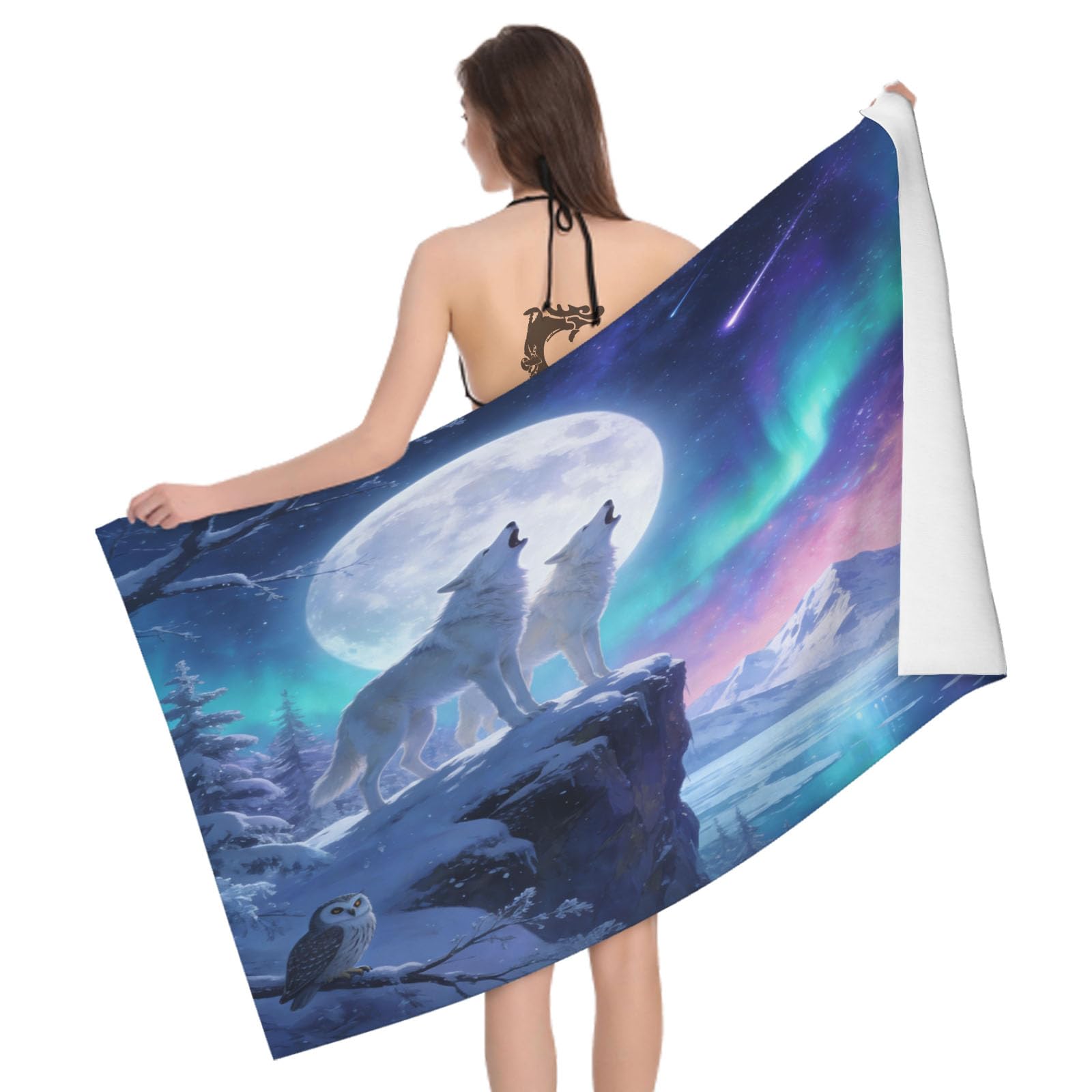 Leichong 3D Cartoon Wolf Beach Towel Large Microfiber Soft Quick Dry for Adults, Northern Lights Bath Towel Lightweight Soft Absorbent for Travel Swimming Pool Sports, 80 x 160 cm