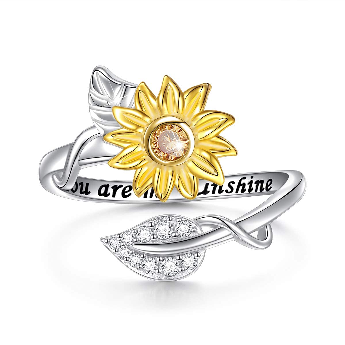 Flyow Bague ouverte réglable en argent sterling 925 avec motif tournesol et feuilles avec inscription You are My Sunshine pour femmes et filles