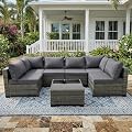 VineBreeze 7-Piece Patio Furniture Set, Outdoor Wicker Conversation Sofa Set with Coffee Table & Extra Thick 8.5" Cushions, All-Weather Sectional for Backyard, Porch, Poolside (Gray, 7PCS)