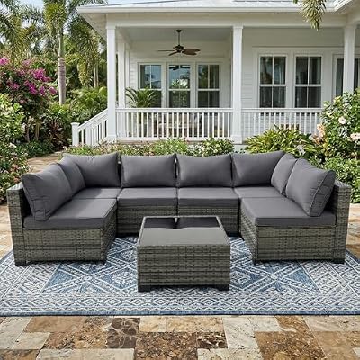 VineBreeze 7-Piece Patio Furniture Set, Outdoor Wicker Conversation Sofa Set with Coffee Table & Extra Thick 8.5" Cushions, All-Weather Sectional for Backyard, Porch, Poolside (Gray, 7PCS)