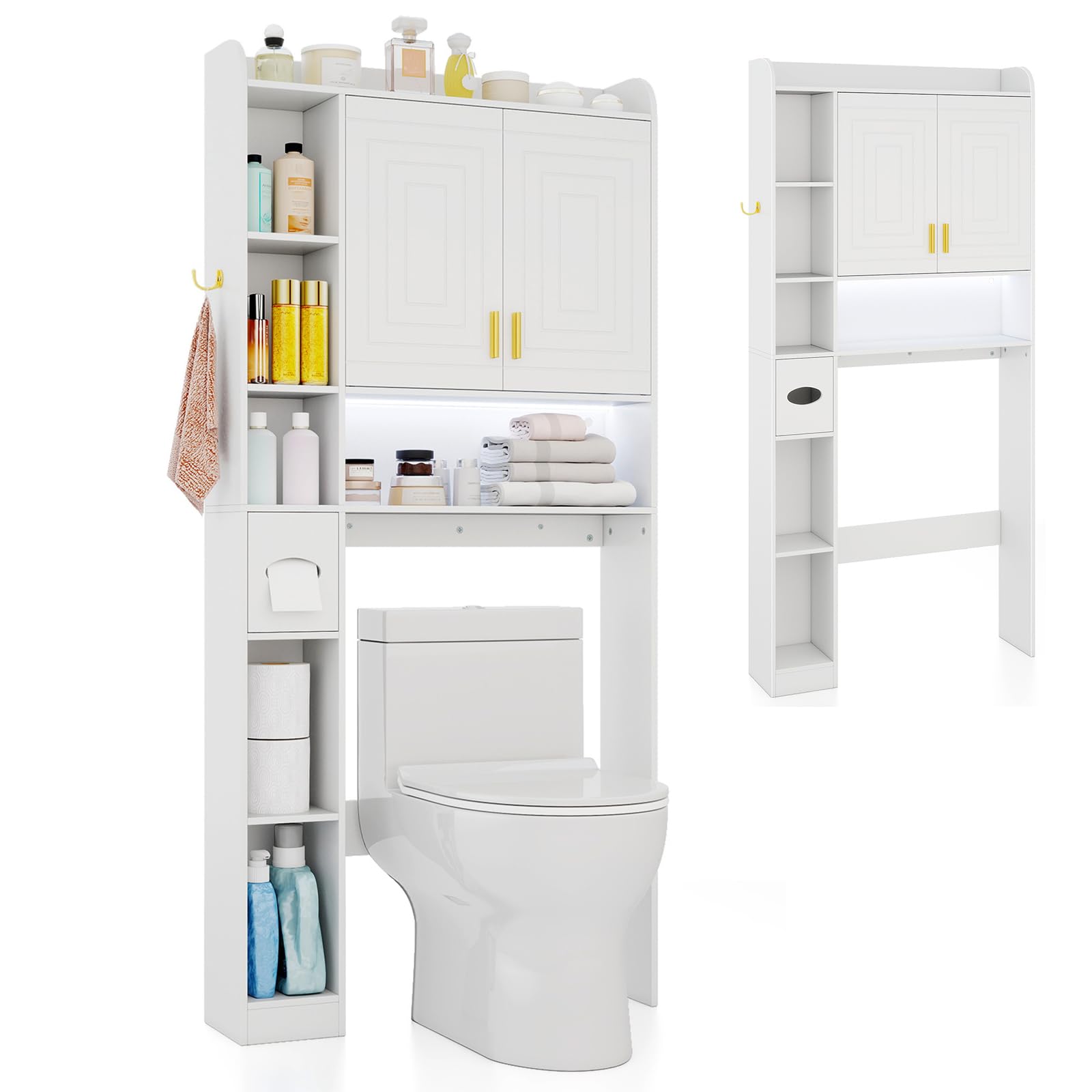 GOPLUS Mueble para WC con Almacenamiento, Armario de Baño con Estante Ajustable, Armario con 2 Puertas, 7 Compartimentos Abiertos, Barra Inferior Ajustable, Mueble para Baño y Lavandería (Blanco)
