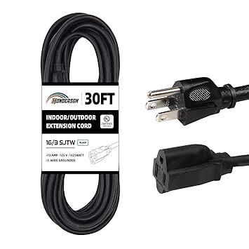 HONDERSON Outdoor Extension Cord Cord-16/3 Sjtw Durable Extension Cord with 3 Prong Grounded Plug for Extra Safety 30 Feet Black