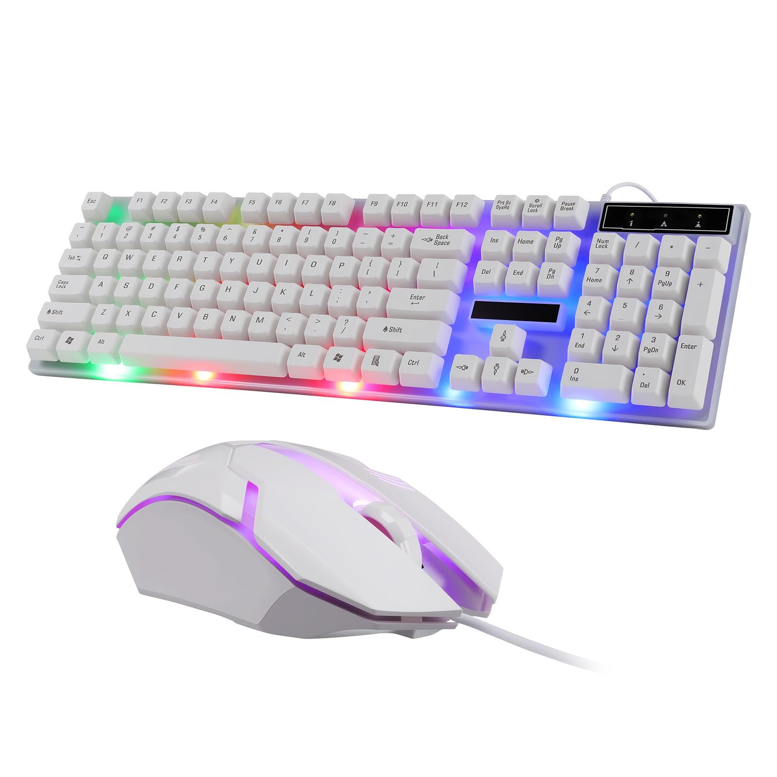 Uonlytech Set Tastiera Bianca Cablata Mouse Ergonomico Usb, Tastiera 104 Tasti in Abs Design a Tasti Flottanti per Accessori Computer Gaming