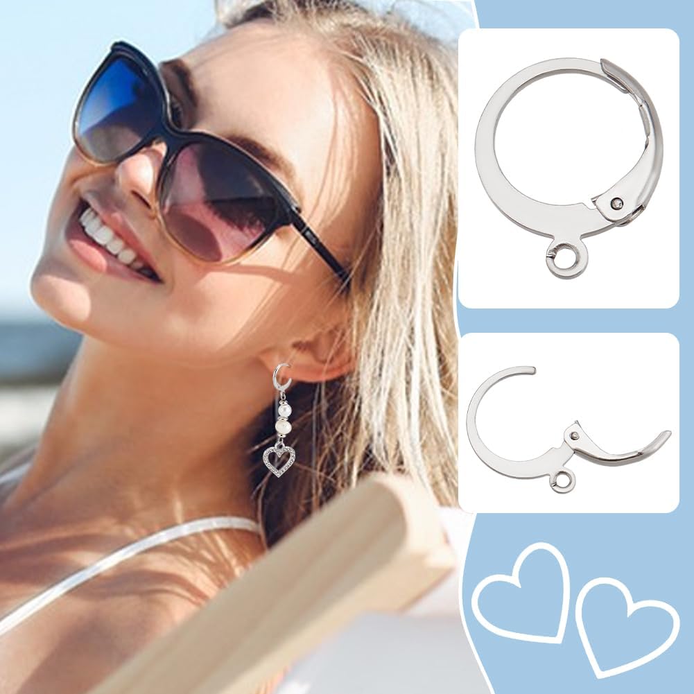 PH PandaHall 100 Pcs 304 Stainless Steel Earring Hooks, Ear Wire Lever Back Earring Findings Earwire with Open Loop for DIY Earrings Jewelry Making,14.5x12x2mm - Image 6