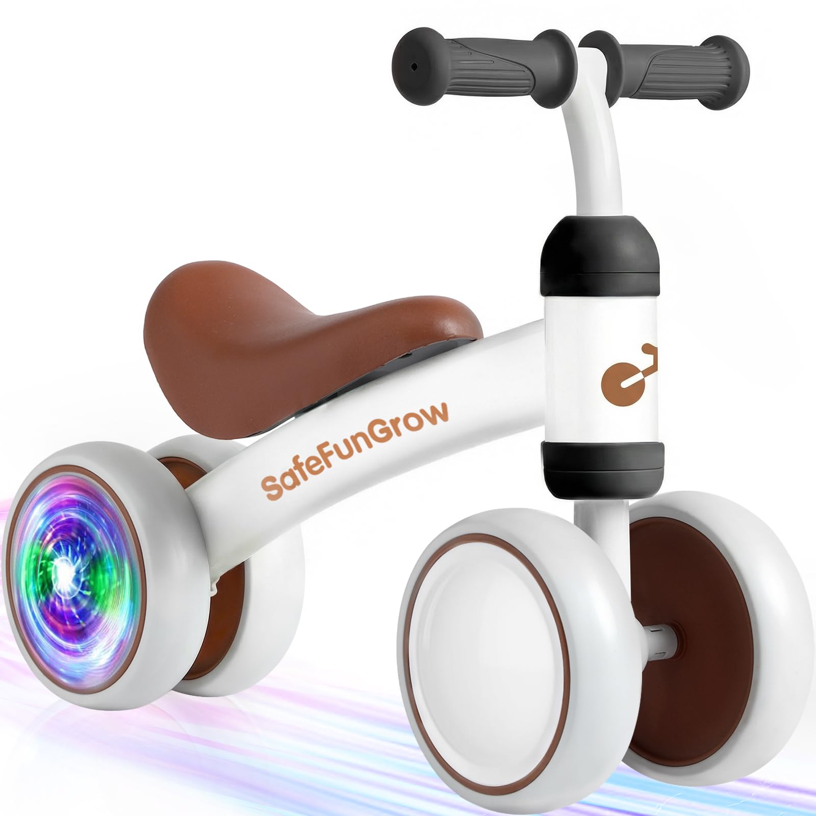 Photo 1 of Colorful Lighting Baby Balance Bike Toys for 1 Year Old Girl Gifts, Balance Bike 1 Year Old No Pedal, 12-24 Months Toddler Ride on Toys with 4 Silent Wheels & Soft Seat, 1st Birthday Gifts, White