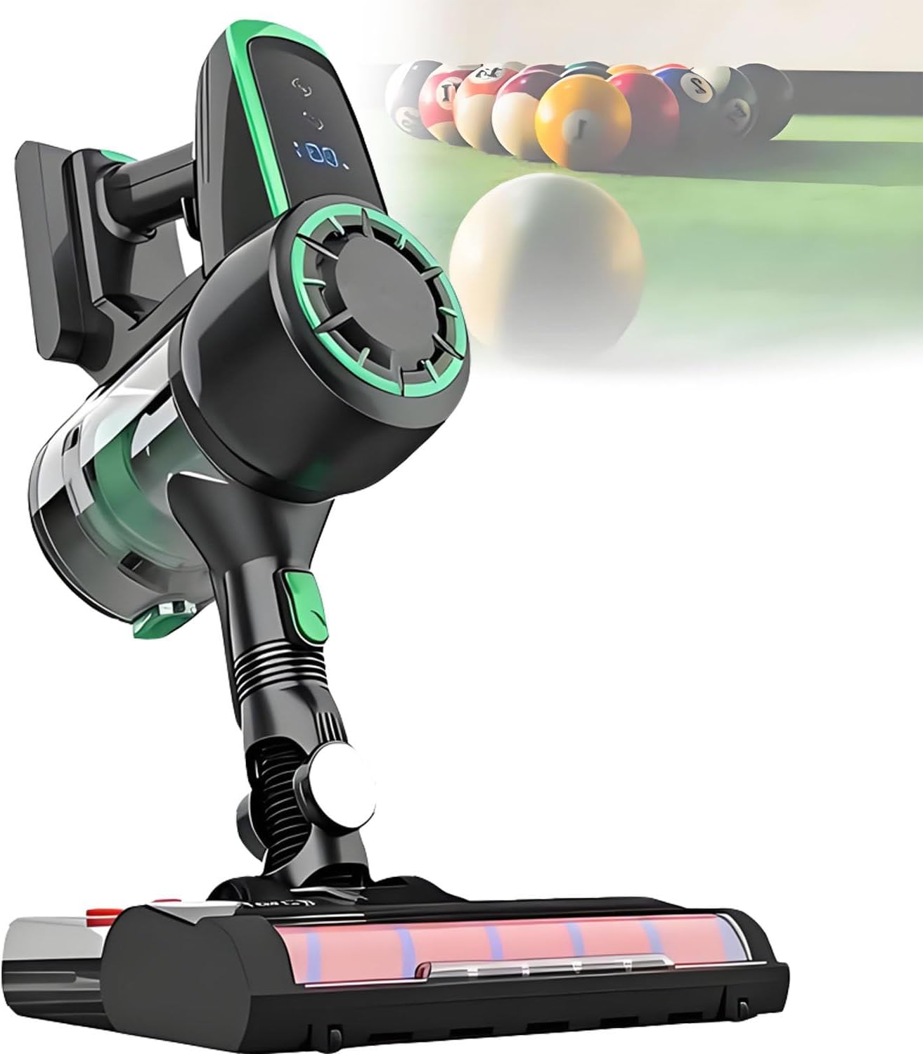 Cordless Electric Pool Cleaner Kit，Electric Billiard Table Cloth Cleaner,with 2200mAh Battery, Adjustable 2 Speeds，22kpa Suction, LED Display, Detachable Battery Green