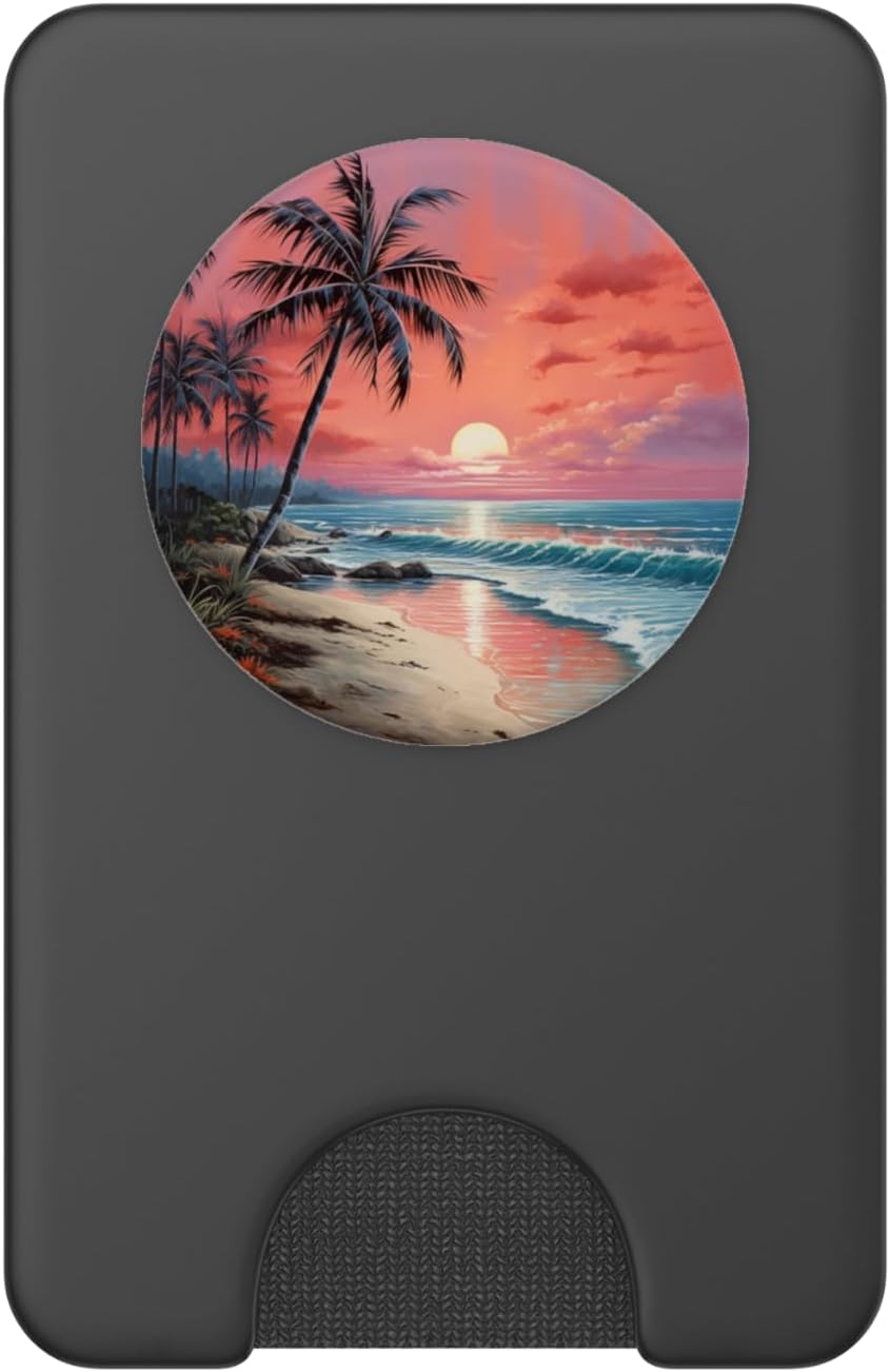 Ocean Vacation Beach Sand Sea Palms Pink Sunset Serenity PopSockets PopWallet for MagSafe