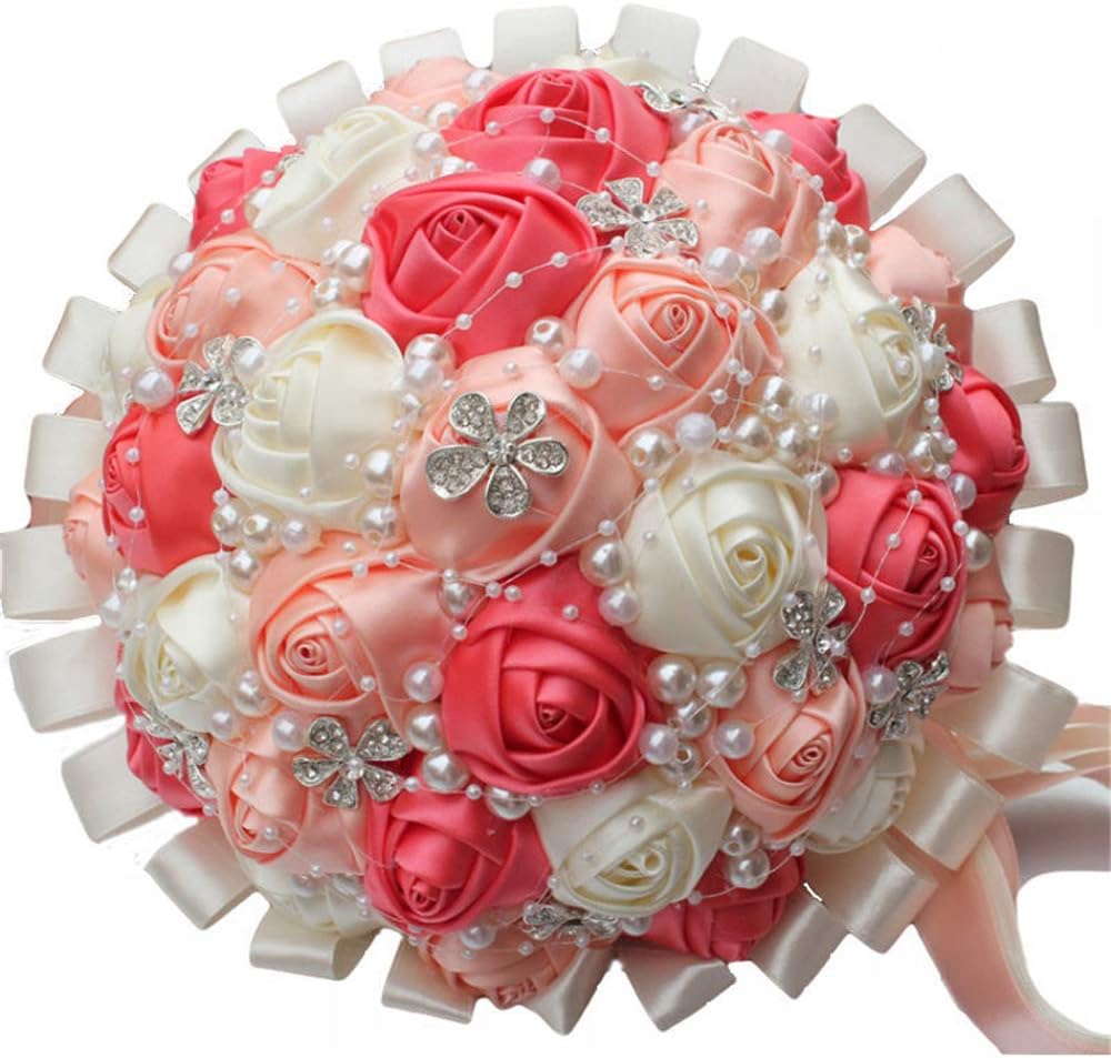 Brooch Bouquet 7" Wedding Bouquet Satin Rose Bride Bridesmaid Artificial Pearls Satin Ribbons Custom-Made Wedding Floral Bouquet Centerpiece Arrangement, Royal Blue Bouquet