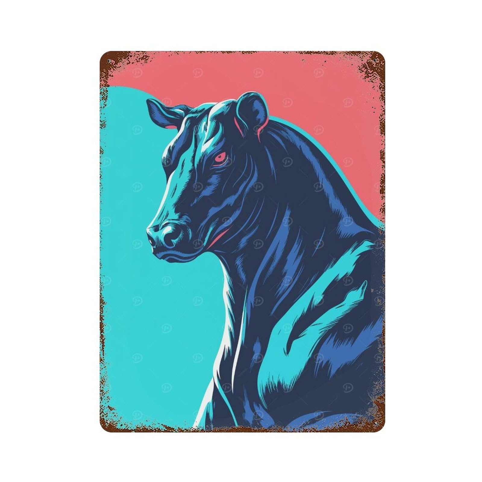 Stylized Bull Illustration with Bold Colors Decorative Tin Sign 15.7"x11.8", Rustic Home Decor for Garage, Pub Or Kitchen