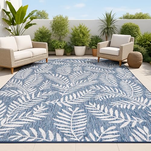 JONATHAN Y Palm Frond Indoor Outdoor Area Rug 8X10 Navy/Ivory, Nevis for Backyard, Patio, Porch...