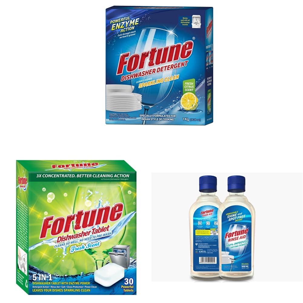Fortune Dishwasher Detergent - 1 Kg x 5 Pcs - Compatible with All Dishwasher Brands & Dishwasher Tablets, 5 in 1 Action, Fresh Scent, 30 Count & Dishwasher Rinse Aid 500 ml (Pack of 6 x 500 ml) (B0BD27FT12) Amazon Price History, Amazon Price Tracker